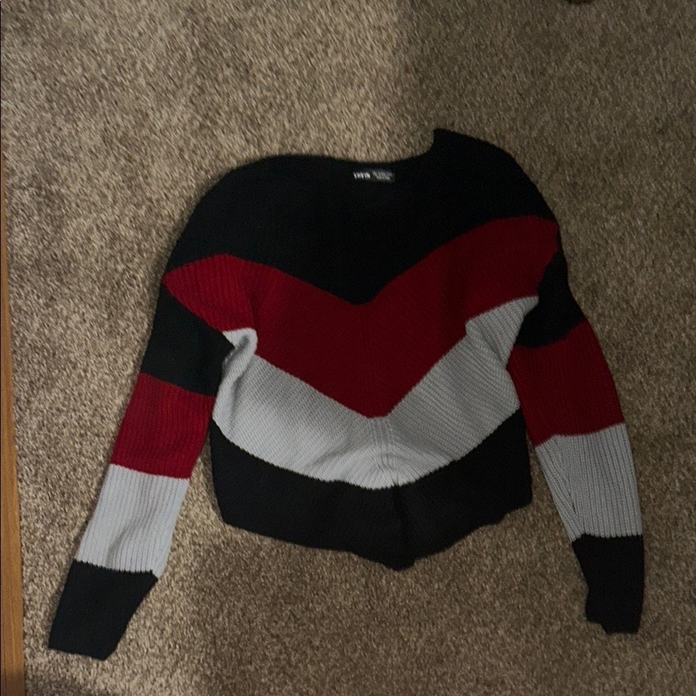 SHEIN Color-Block Red and Black Crew Neck Sweater
